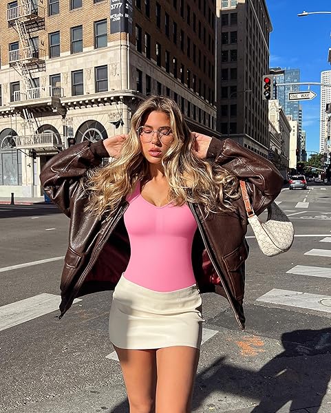 OQQ BODYSUITS FOR WOMEN 2 PIECE SEXY RIBBED LONG SLEEVE TUMMY CONTROL TOPS BODYSUITS BLACK CANDYPINK