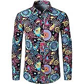 PARKLEES Men's Cotton Linen-Like 70s Disco Retro Traditional Pattern Printed Long Sleeve Button Down Shirt