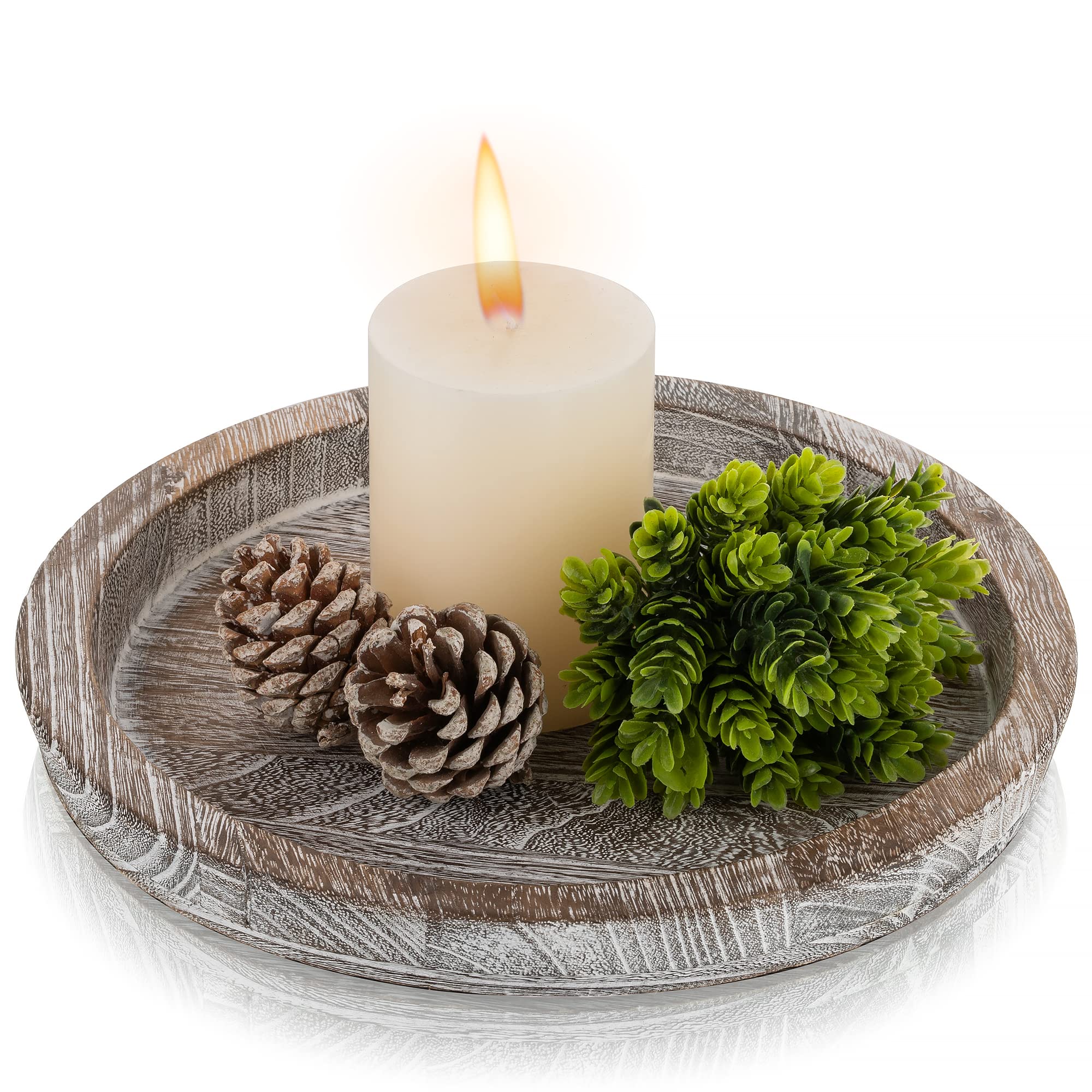 Hanobe Farmhouse Decorative Wooden Tray: Round Coffee Table Tray Rustic Whitewash Centerpiece Candle Holder for Decor Kitchen Counter Home Decor