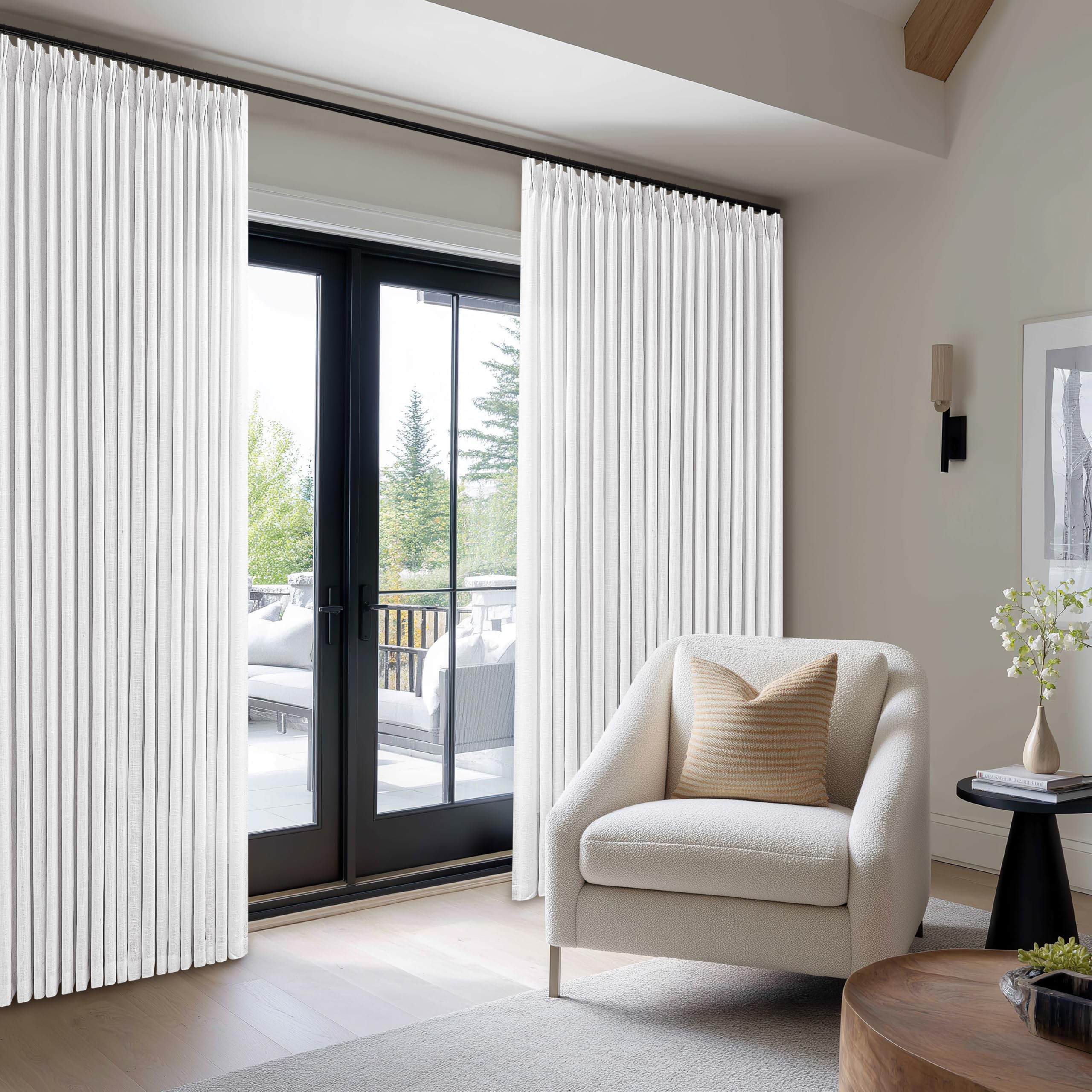 Photo 1 of 100 Inch Wide Curtains 96 Inch Long Pinch Pleat Linen Curtains for Living Room Bedroom Boho Farmhouse Light Filtering Privacy Pleated Hooks Rings Back Tab for Sliding Door White 1 Panel 100 x 96