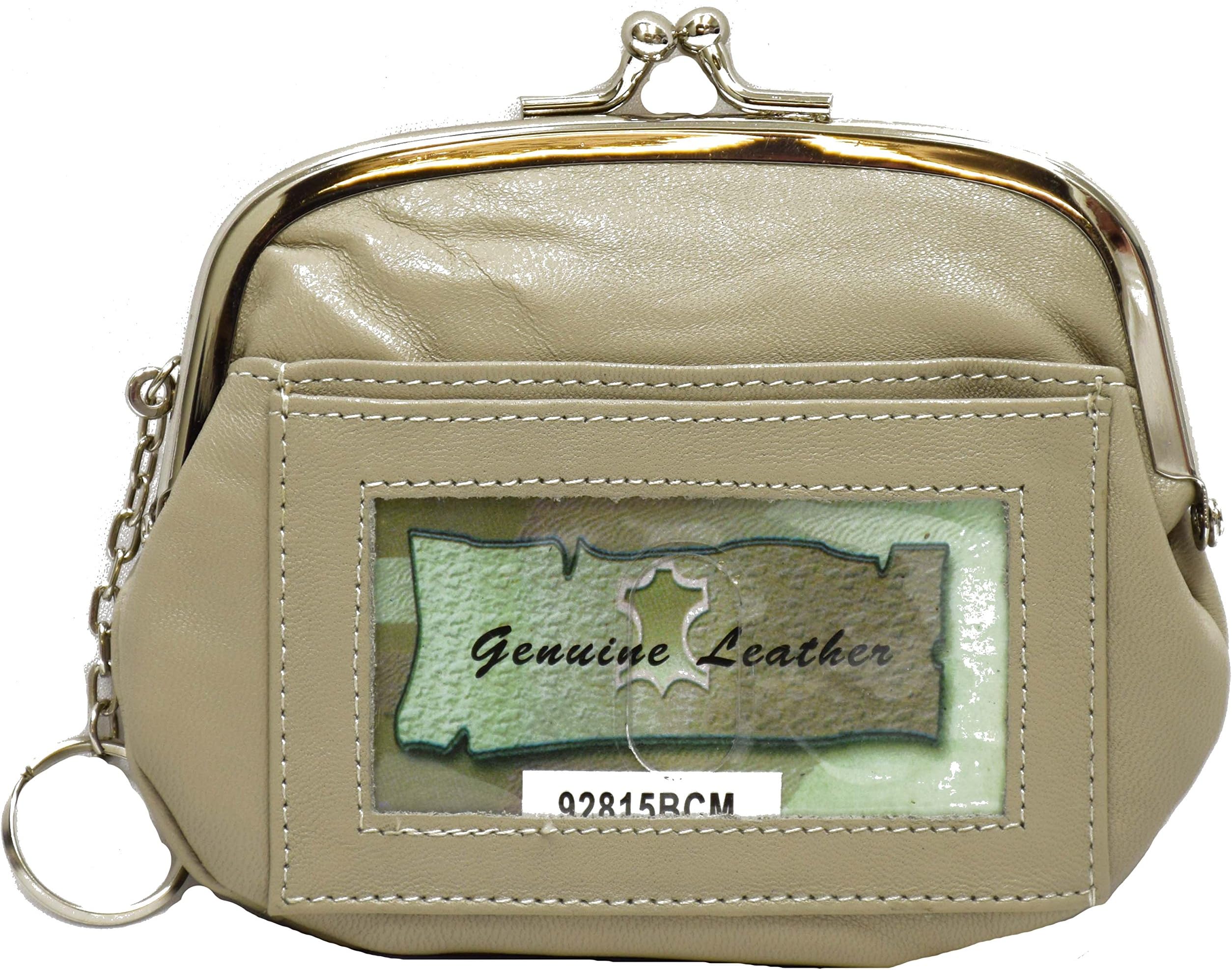 Womens Taupe Leather Coin Purse Mini Wallet Metal Frame Id Window Credit Card Case