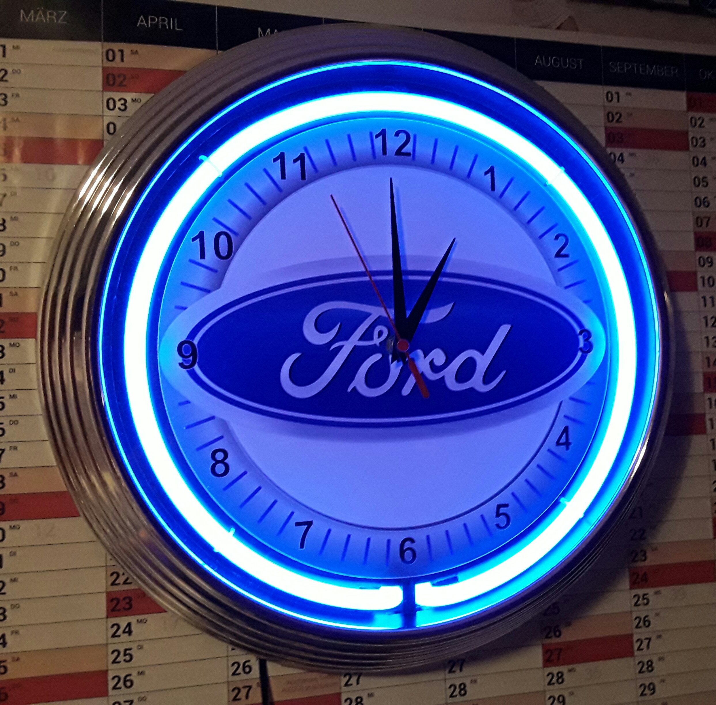 Buy Wall Clock Ford Europe Garage Sign WALLCLOCK Blue NEON Rim 15 INCH