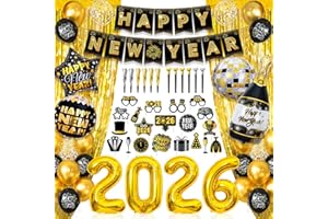 BISWITER 2026 New Years Decorations Eve Party Supplies 69Pcs - Black Gold, Includes Banner, Photo Booth Props, Foil Balloon, Fringe Curtain, Squawkers & Latex Balloons for Happy New Year 2026 Party
