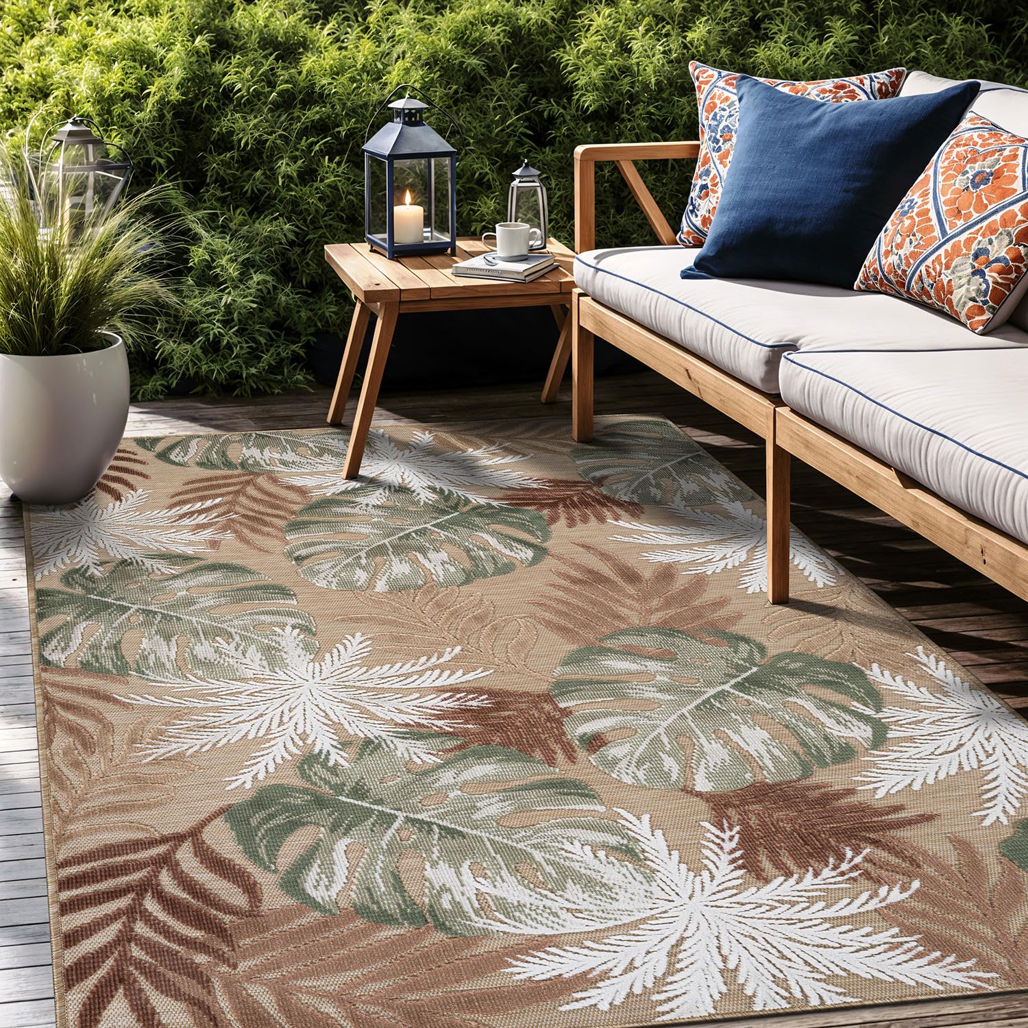 Luul Home Floral Indoor Outdoor Rugs 6x9 Large Area Rug for Living Room, Patio Decor, Kitchen, and Entryway Rug, Washable Stain Resistant Outside Carpet Beige 6 x 9