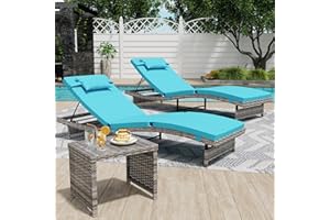 Danrelax Long Reclining Chair Lounge Set (Set of 3), Modern Outdoor Patio Furniture with Adjustable Backrest & Side Table, Durable PE Wicker, Weather-Resistant Cushions, Blue