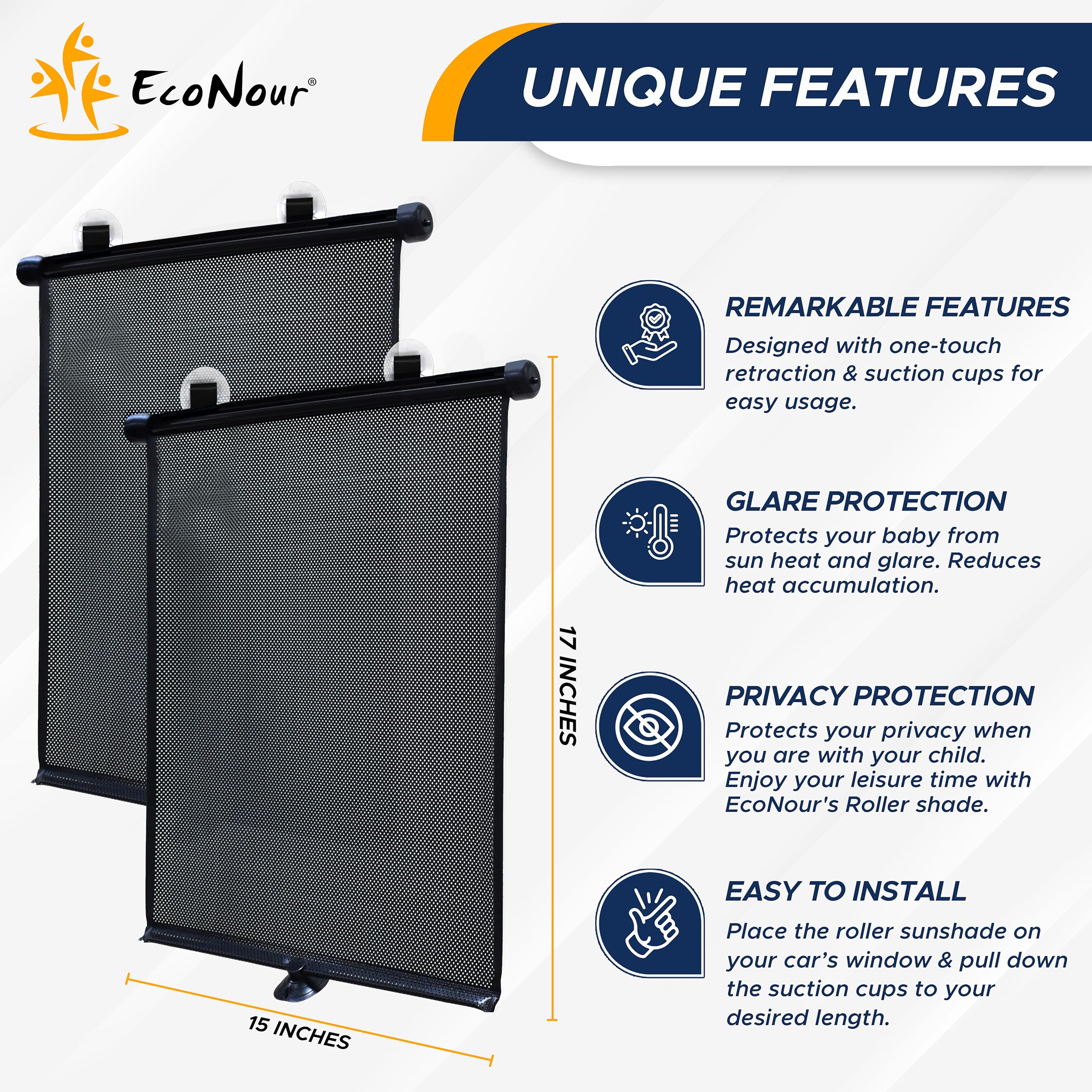 EcoNour Car Window Shades for Baby (2 Pack) - Upgraded | Shades for Side Window | Comes with Enhanced Suction Cups & Large Clips for Durability | Baby Car Accessories (15