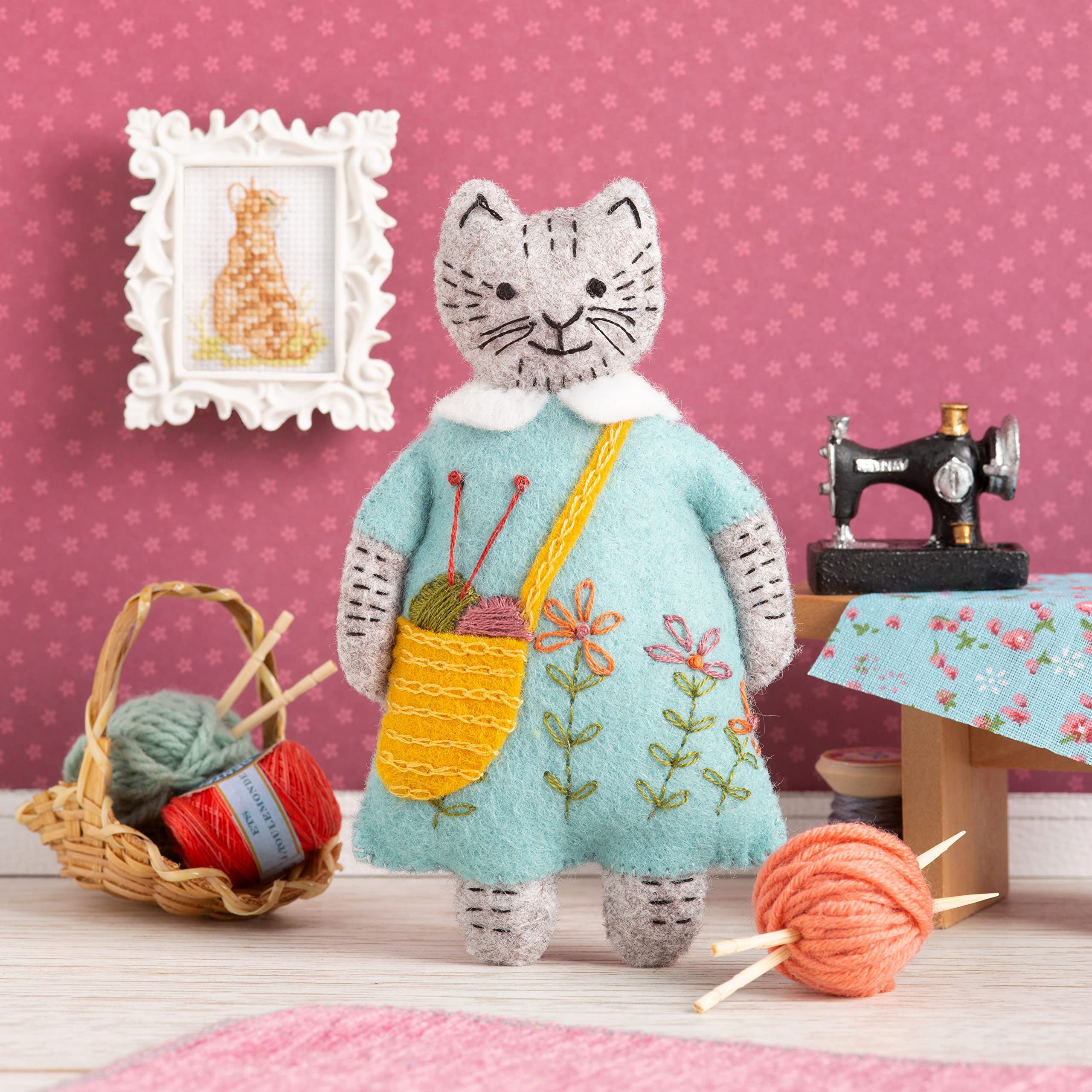 Corinne Lapierre Mrs Cat Loves Knitting Felt Craft Mini Kit, ['Turquoise', 'Natural', 'Gold', 'Marl Grey']
