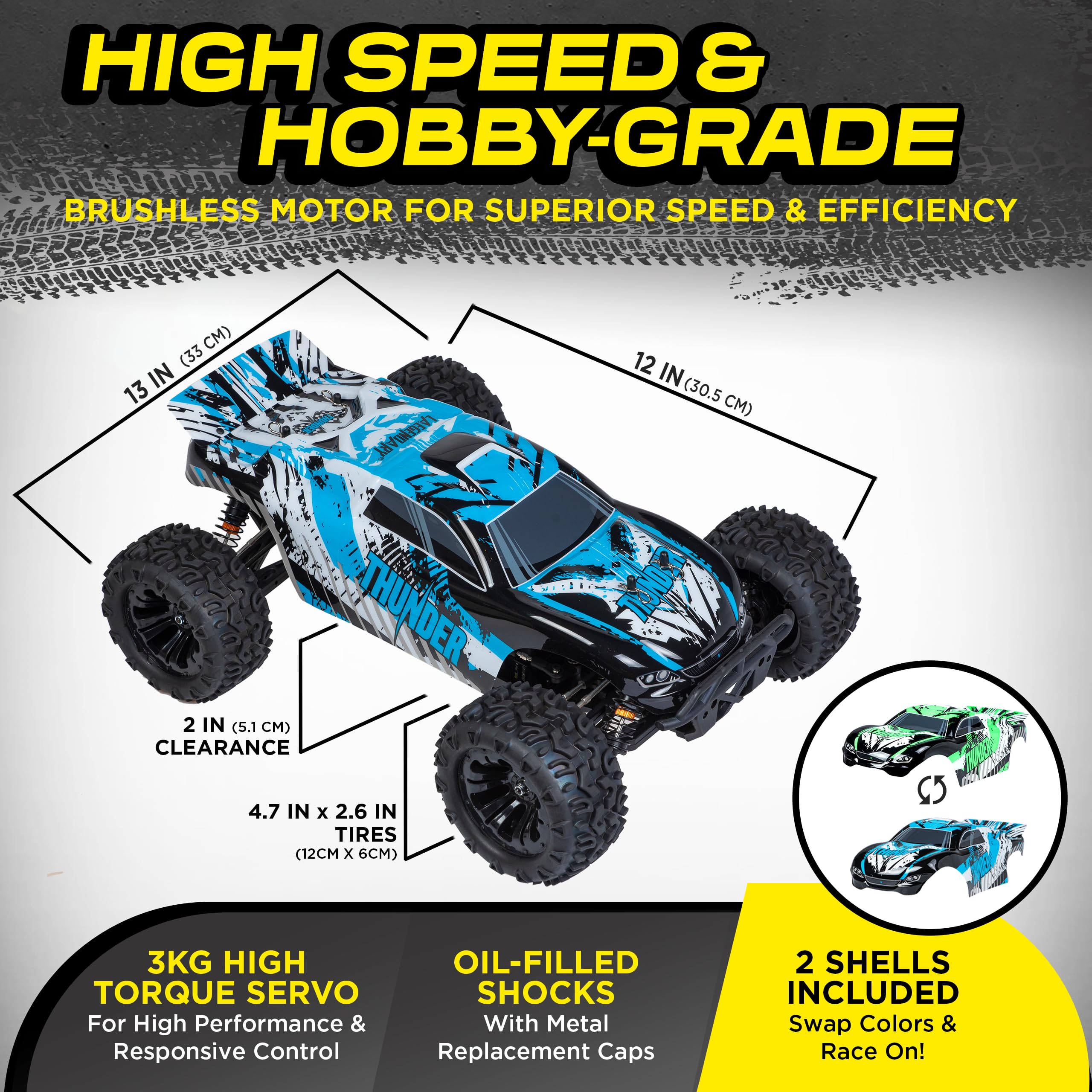 1:10 Scale Brushless RC Cars 65 km/h Speed - Boys Remote Control Car 4x4 Off Road Monster Truck Electric - All Terrain Waterproof Toys for Kids and Adults -2 Body Shell + Connector for 30+ Mins Play