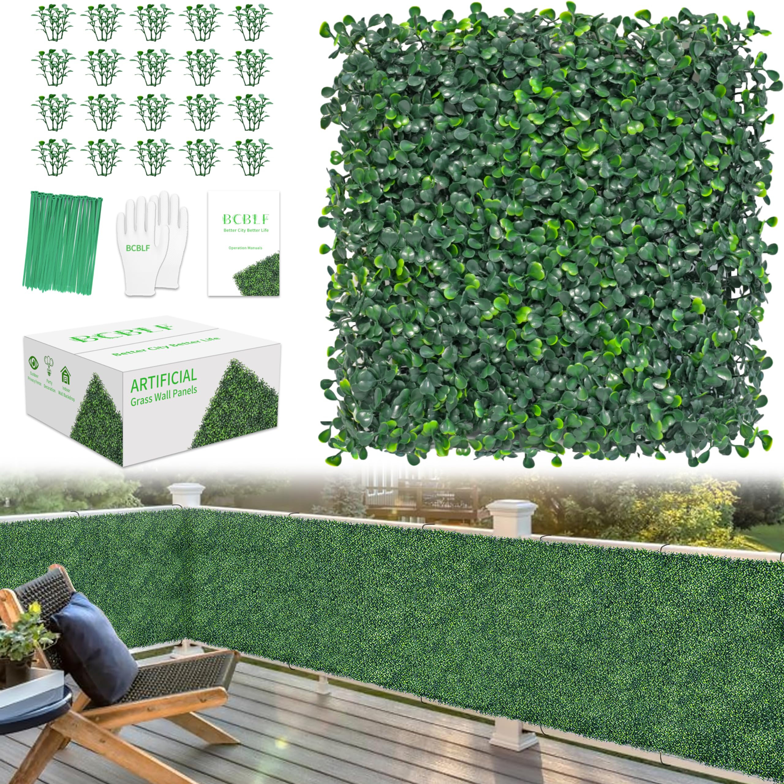 Photo 1 of BCBLF 10x10Inch 8Pcs Grass Wall Panels, 4 Layers UV-Anti Boxwood Greenery Hedge with 50 Zip Ties, No Odor Artificial Fake Grass Backdrop for Indoor Outdoor Privacy, Birthday Wedding Decor, 5.6 SQ FT