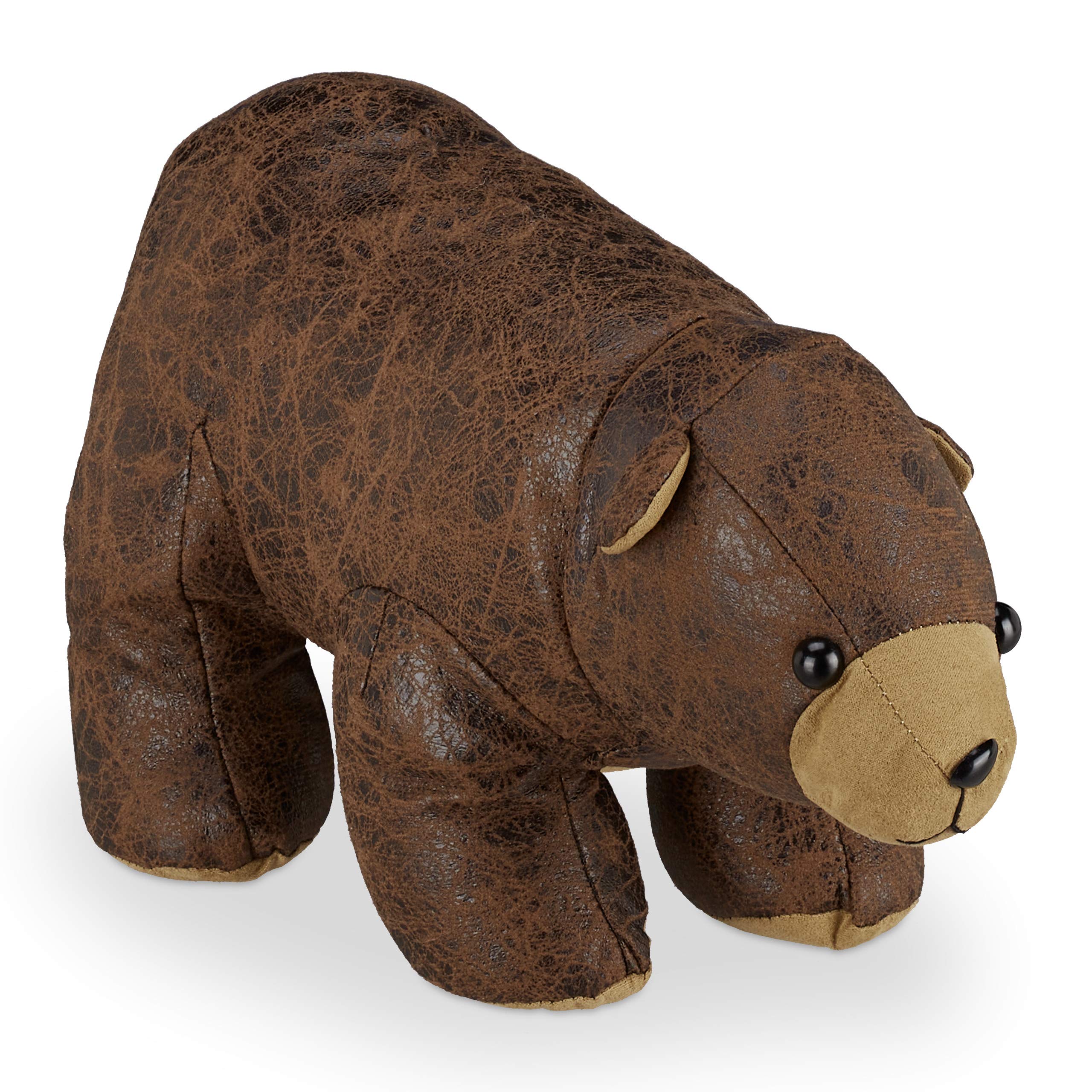Relaxdays Bear Door Stop, Fabric, Faux Leather, for Floors, Indoors, Fabric Doorstopper, HxWxD 17 x 16 x 32 cm, Brown