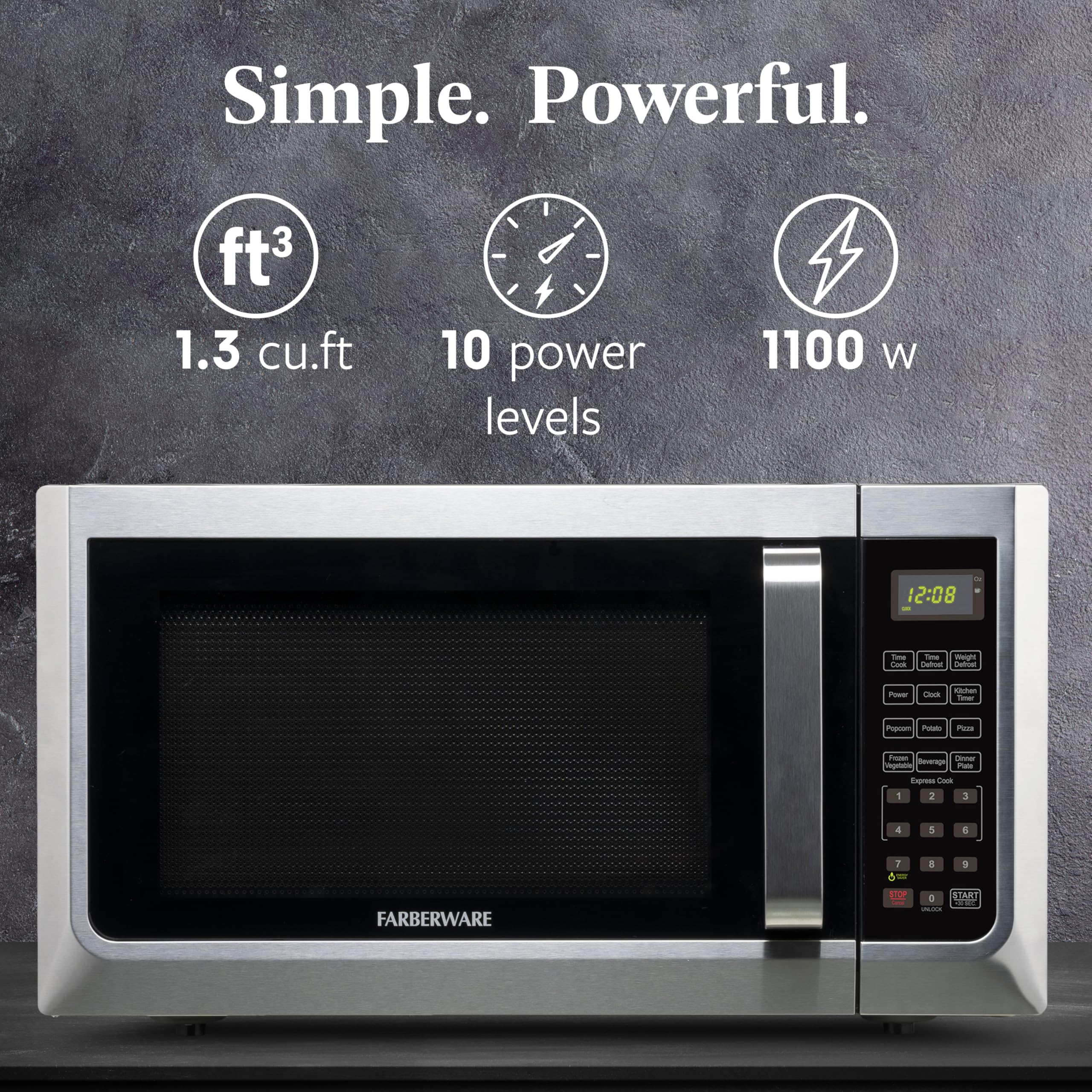 Farberware Countertop Microwave 1100 Watts, 1.3 cu ft - Microwave Oven With LED Lighting and Child Lock - Perfect for Apartments and Dorms - Easy Clean Stainless Steel