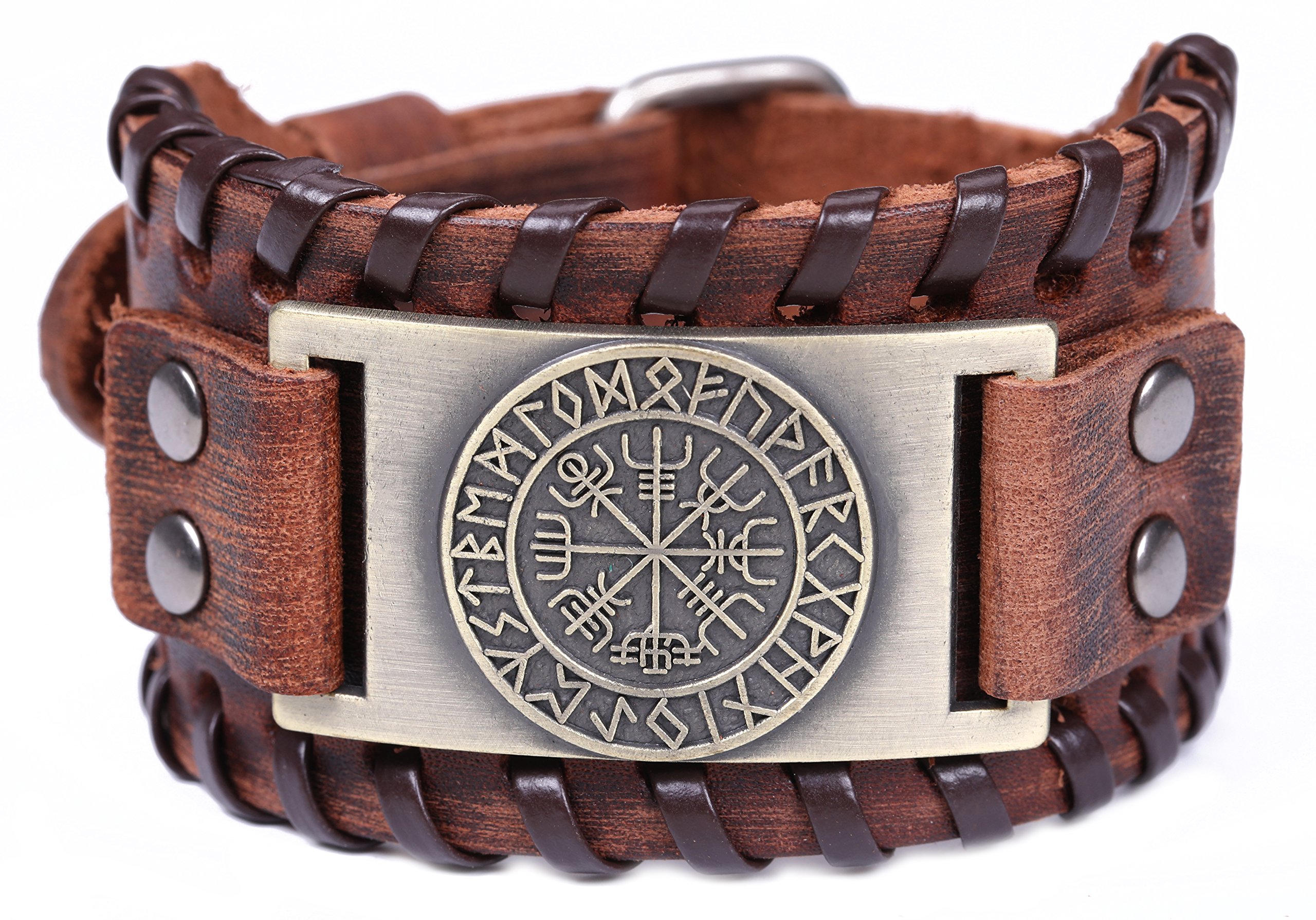 TEAMER Norse Vikings Runes Amulet Leather Bracelet Icelandic Vegvisir Symbol for Luck and Blessings(Antique Bronze,Brown)
