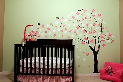 Amazon ポップデコルズpt 0134 V5漂流花と鳥71インチの高さ 花は左 黒 ピンク 白の美しい壁のデカールの保育園の装飾 ウォールステッカー オンライン通販