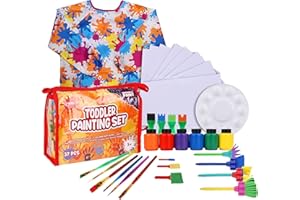 J MARK Toddler Painting Set – 38-Piece Set with Art Smock, 6 Washable Tempera Paints, Painting Paper, Brushes, Sponges, Painting Tools and Palette (Colors)