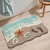 WREWING Wave Beach Plush Bath Mat, Starfish & Footprint Non-Slip Rug with Non-Slip Backing, Soft Absorbent Polyester Floor Mat for Bathroom, Machine Washable Bath Mats 20 x 31 Inches (Wave-Shaped)