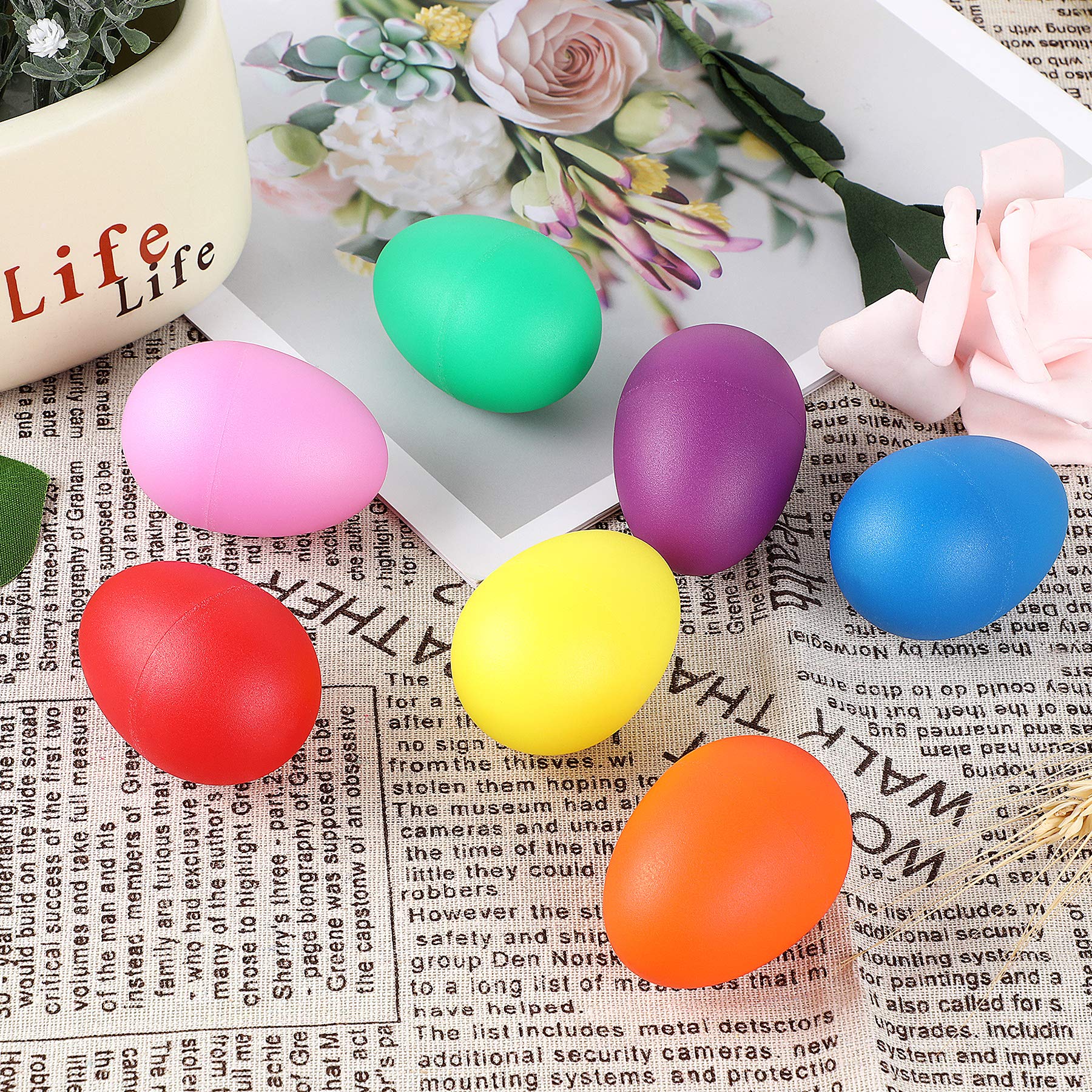 Augshy 14 PCS Plastic Egg Shakers Percussion Musical Egg Maracas Easter Egg Kids Toys (7 Colors)