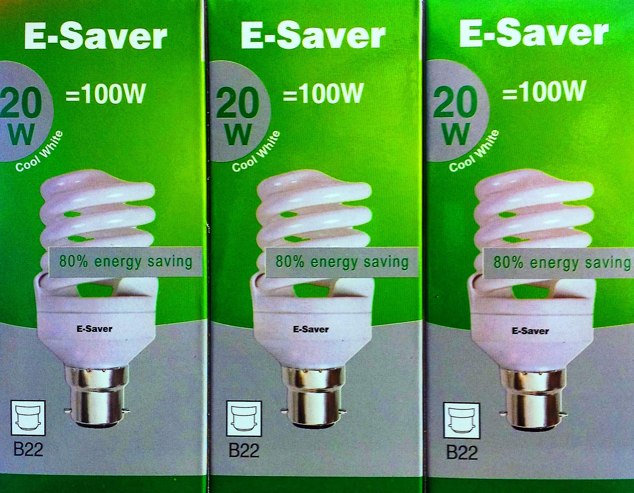 E-Saver - CFL Full Spiral - Energy Saving Light Bulbs - 20w = 100 Watt - (Pack of 3) - 4200k Cool White Light Bulbs - Bayonet Light Bulb (BC- B22- B22d)