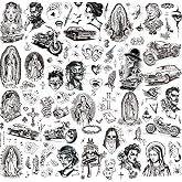 12 Sheets Large Chicano Temporary Tattoos, Cholo and Chola Temporary Tattoos, Chicana Guadalupe Gangster Fake Tattoos Day of the Dead, D&iacute;a de Muertos, Tatuajes Temporales, Halloween Mexico Tattoos