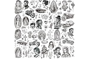 XIYOKA 12 Sheets Large Chicano Temporary Tattoos, Cholo and Chola Temporary Tattoos, Chicana Guadalupe Gangster Fake Tattoos Day of the Dead, Día de Muertos, Tatuajes Temporales, Halloween Mexico Tattoos