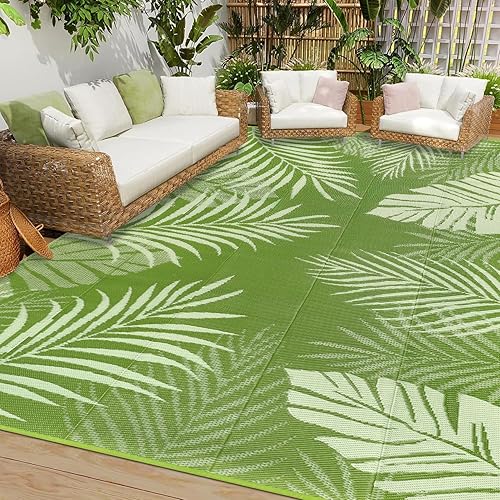 Cekene Large Outdoor Rugs for Garden Waterproof 270x365cm Reversible Plastic Garden Rug UV Resistant Outdoor Area Floor Mat for Outside BBQ Deck Balcony Porch Grass Green