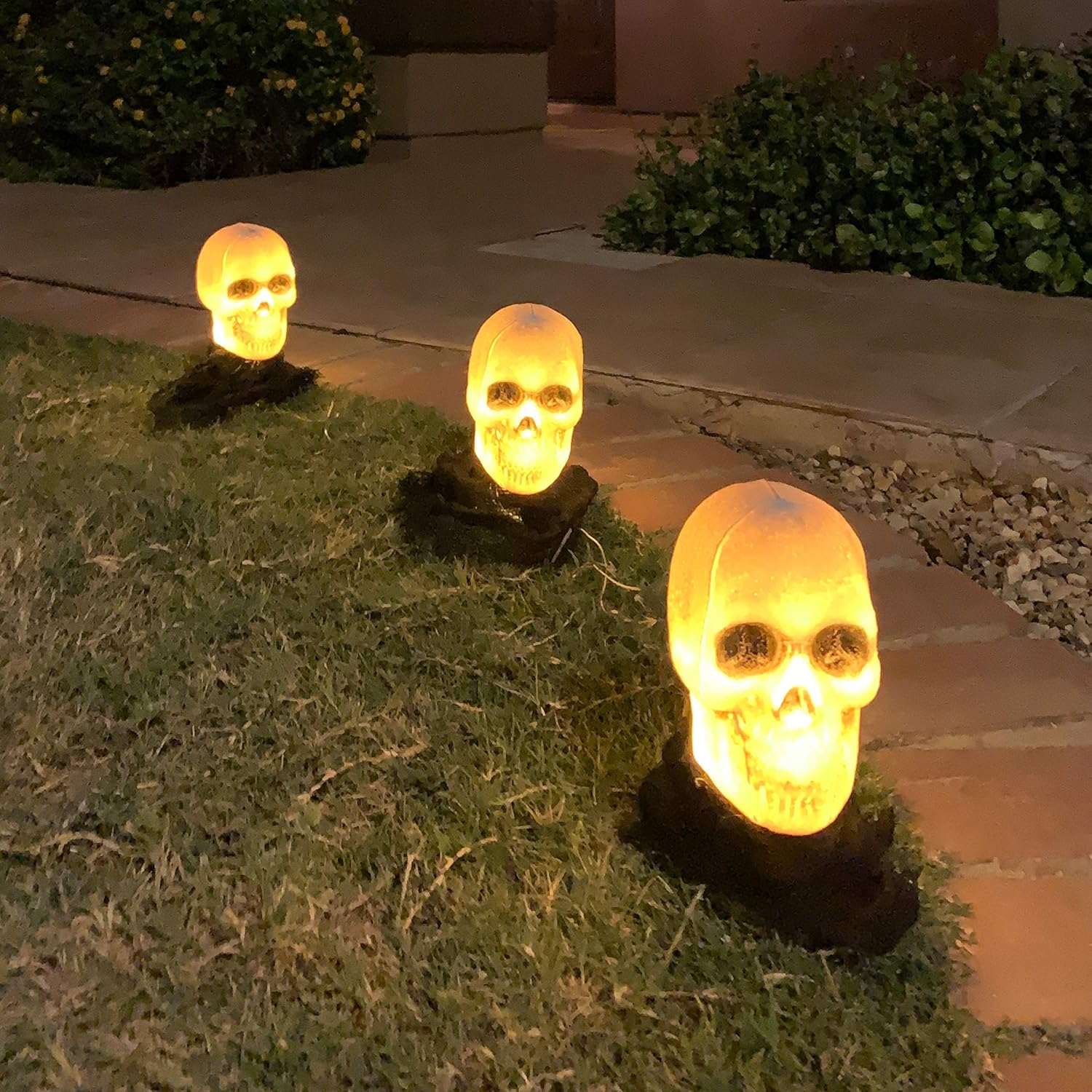 Decorative Garden Stakes - JOYIN 3 Pcs Scary Skeleton Lightup Skull Stakes for Halloween Outdoor Decorations, Battery Operated Stake Lights Pathway Makers for Halloween Party, Lawn Props, Halloween Yard Decor
