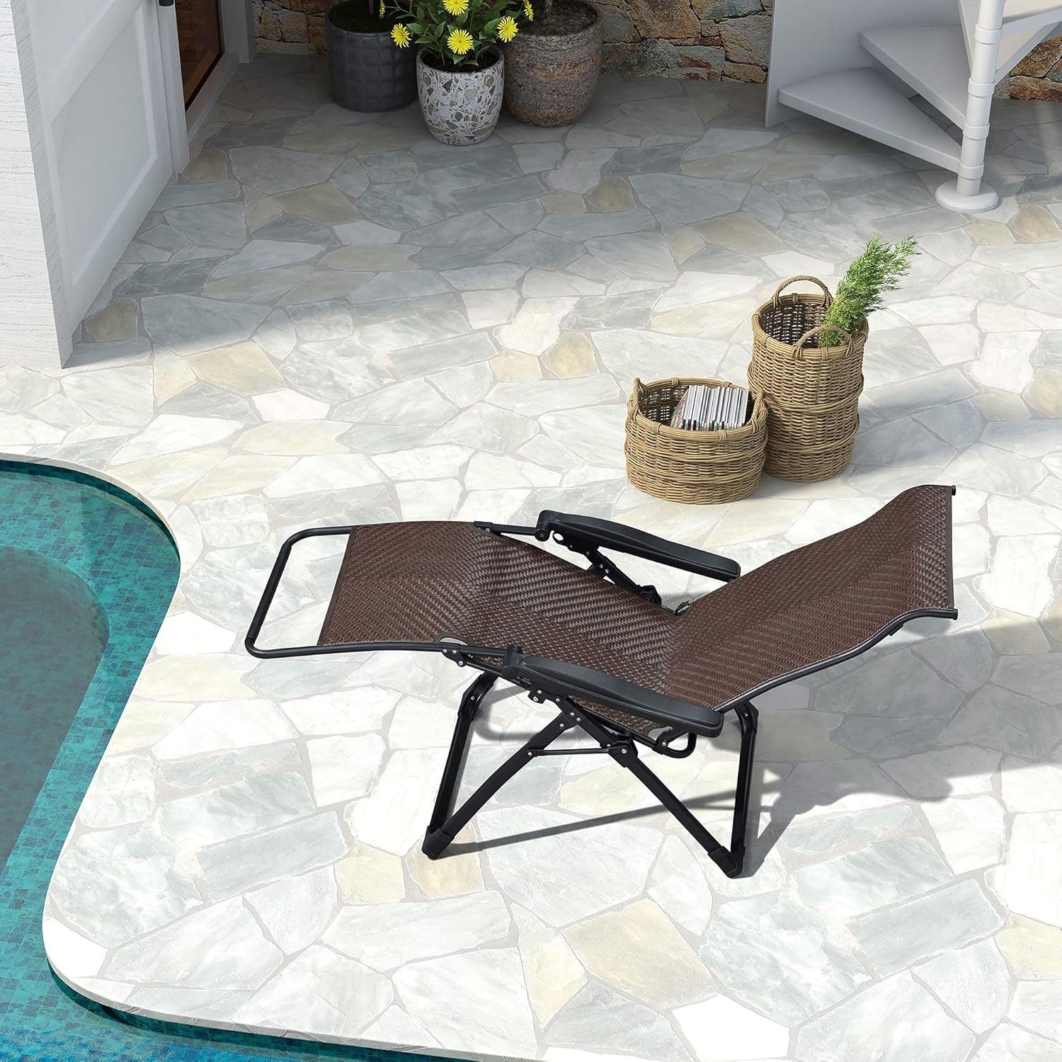 Lounge Chair Patio Folding Wicker Zero Gravity Recliner Chairs Indoor Living Room Lawn Camping Pool Lounger for Beach Sun Bathing Tanning Deck Outside Rattan Reclining Chair, Bronze: Kitchen & Dining