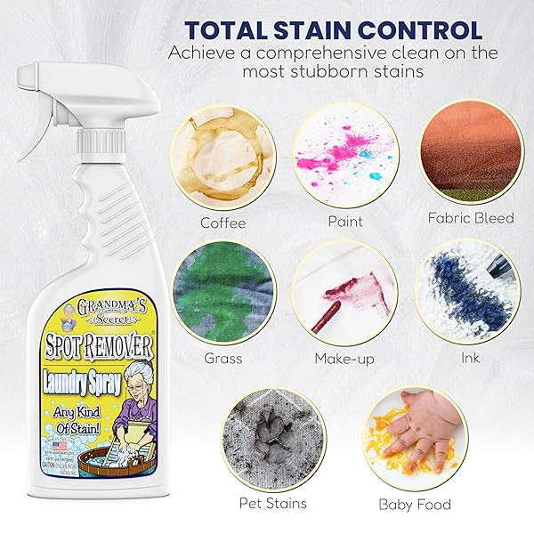 GRANDMA’S SECRET SPOT REMOVER LAUNDRY SPRAY – CHLORINE, BLEACH AND TOXIN-FREE STAIN REMOVER – STAIN REMOVER FOR CLOTHES – FABRIC STAIN REMOVER REMOVES OIL, PAINT, BLOOD AND PET STAINS – 16 OUNCE