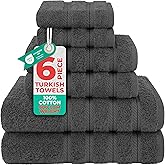 American Soft Linen Luxury 6 Piece Towel Set, 2 Bath Towels 2 Hand Towel 2 Washcloths, 600 GSM 100% Cotton Turkish Towels for Bathroom, Dark Gray Towel Sets