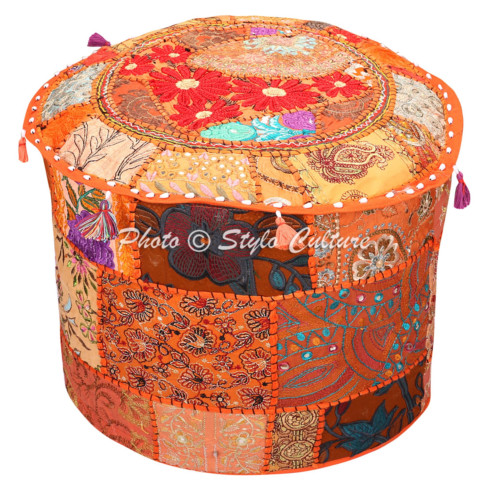 Stylo Culture Pouffe And Footstool Large Vintage Bean Bag Cover Orange Ethnic Embroidered Patchwork Cotton Traditional Round Fabric Ottoman Pouf Cover (16x16x13 Inch) 40cm (COVER ONLY)