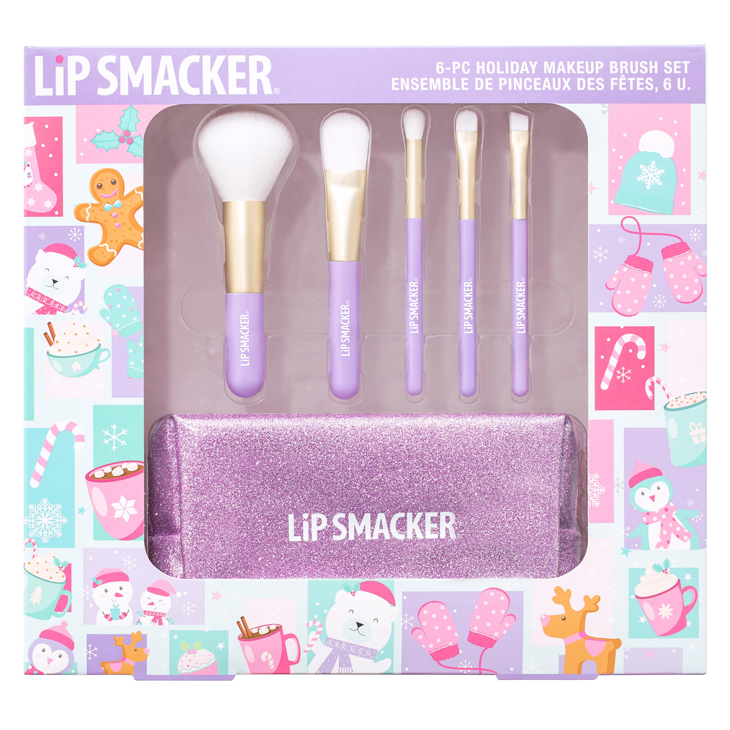 Lip Smacker Holiday Makeup Brush Set, 6-Piece Makeup Brushes Set for Face Powders, Creamy Blush, Eyeshadows and Eyeliners, All Within the Makeup Bag