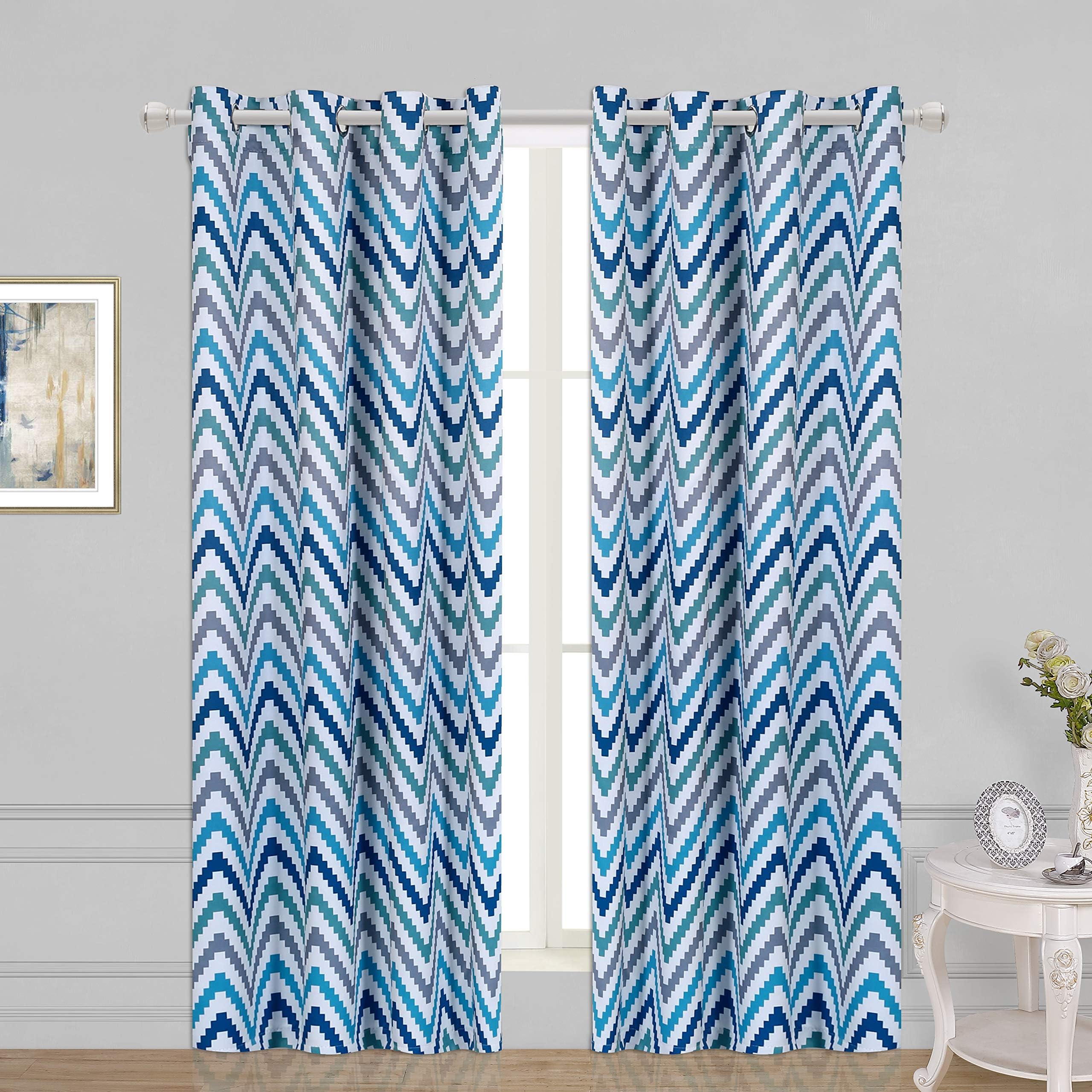 WONTEX Chevron Printed Thermal Insulated Blackout Curtains, Grommet Room Darkening Curtains for Living Room and Bedroom, Set of 2 Curtain Panels, 52 x 72 inch, Teal|Navy Blue