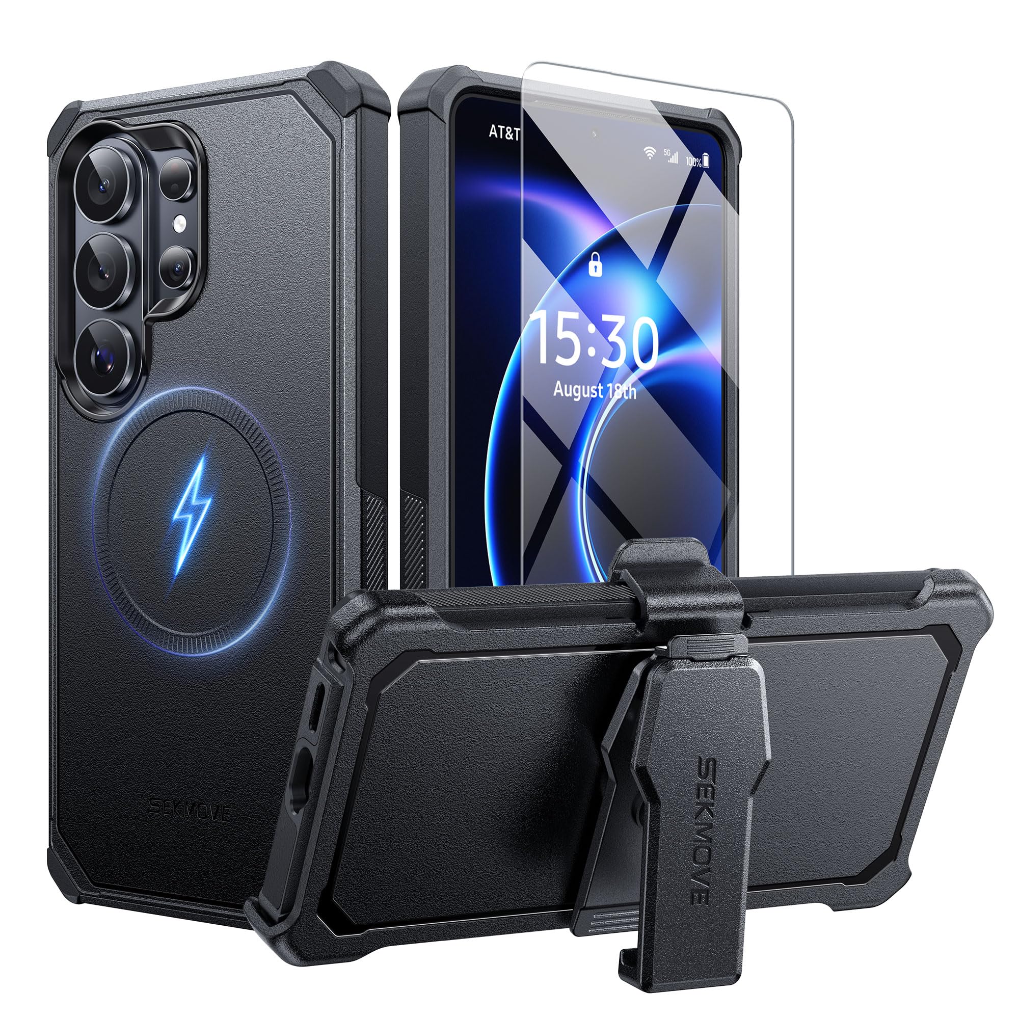 SEKMOVE for Samsung Galaxy S26 Ultra Case with Belt Clip,Compatible with MagSafe,Anti-Drop,Shockproof,Heavy Duty Protection,with Screen Protector,with 360°Rotating Kickstand,Black
