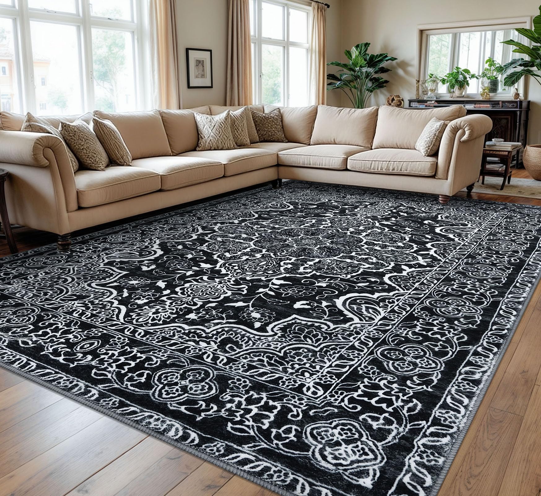 KUTA Area Rugs 9x12 Living Room, Vintage Medallion Washable Large Rug for Bedroom 9ft x 12ft Non-Slip, Black Ultra Soft Printed Modern Floral Distressed Low-Pile Dining Room Carpet Image