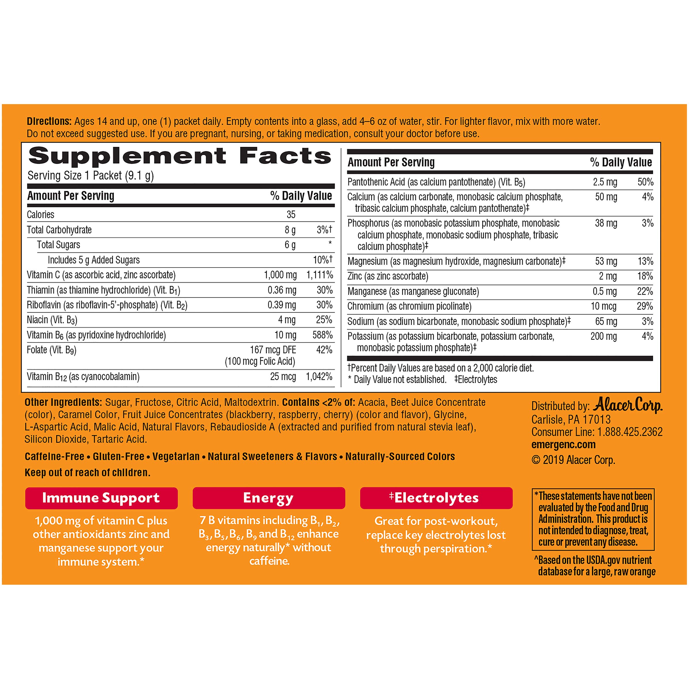 Emergen-C 1000mg Vitamin C Powder, with Antioxidants, B Vitamins and Electrolytes, Vitamin C & 1000mg Vitamin C Powder, with Antioxidants, B Vitamins and Electrolytes, Immunity Supplement