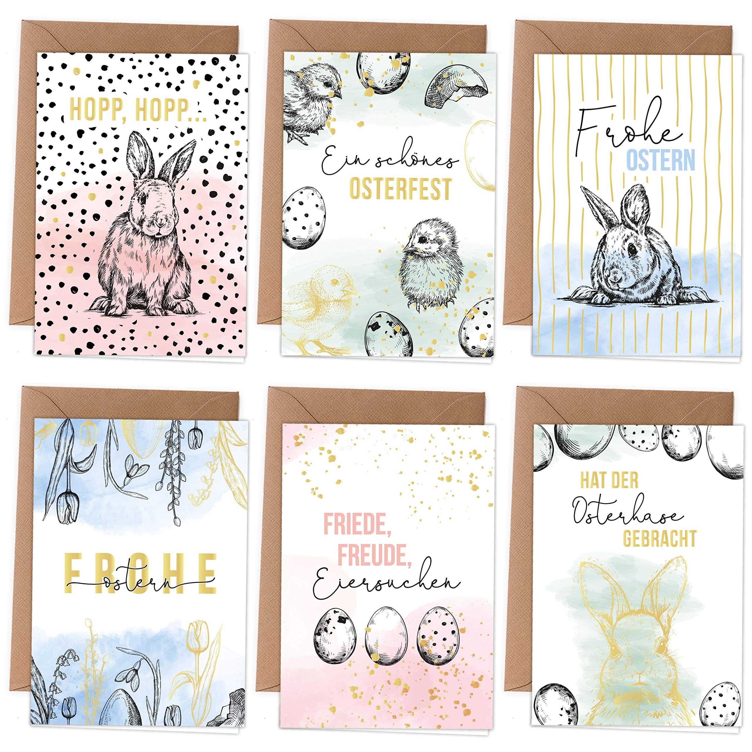 Papierdrachen Easter cards, 6 spring-like greeting cards as a folding card including envelope for Easter time, greetings to the family, stylish design for Easter, motif black and white, set of 3.