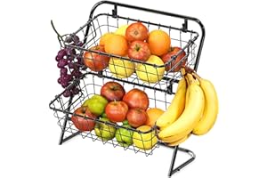 SimpleHouseware 2-Tier Rigid Wire Market Basket Stand with 2 hooks, Black