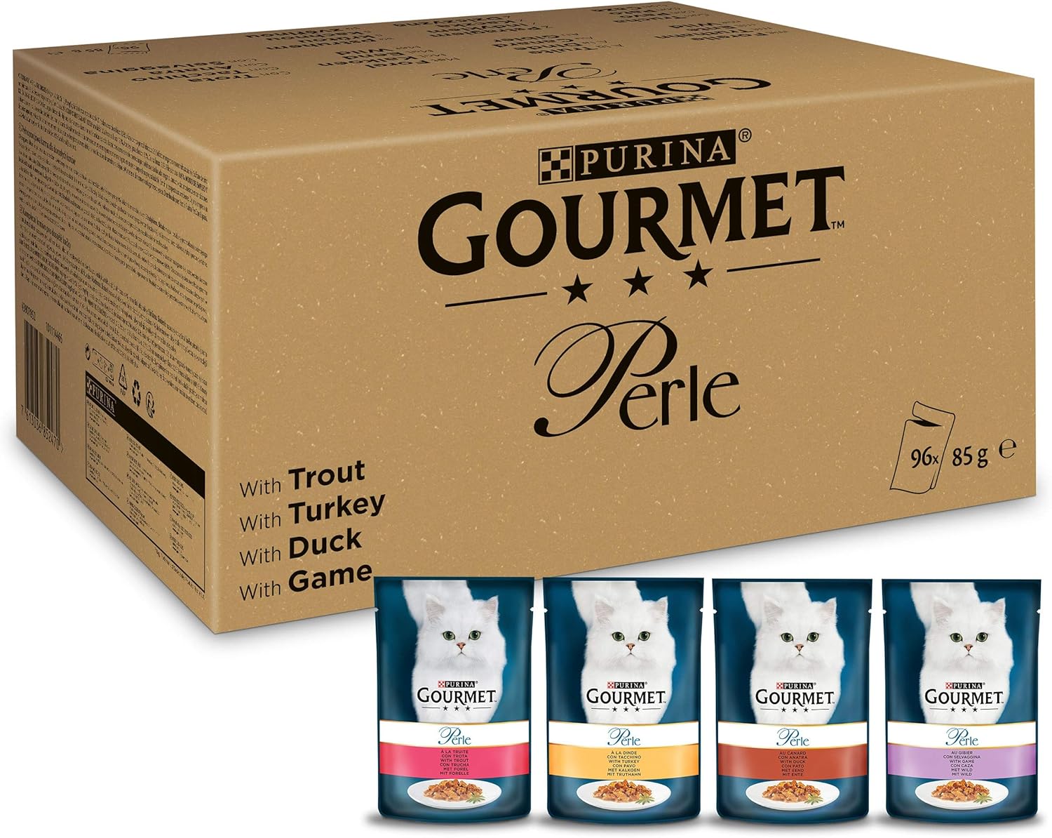 Gourmet Perle Exquisite Strips in Jelly, 96 Portion Bags, Wet Cat Food, Variety Mix, Pack of 96 (12 x 8 Bags of 85 g)