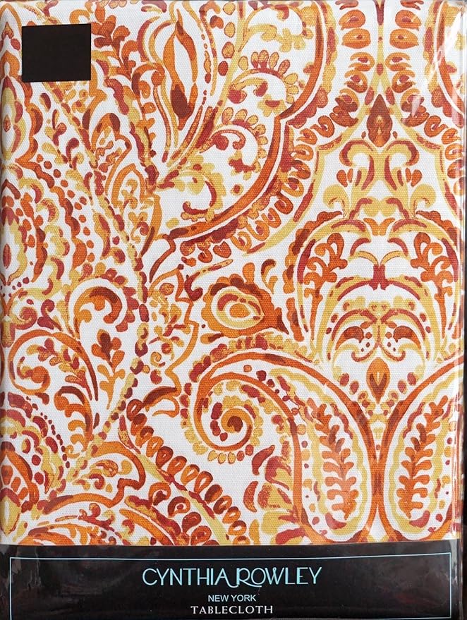 Amazon Com Cynthia Rowley Fabric Tablecloth Mustard Yellow Rust Orange Paisley On Cream 70 Inches Round Home Kitchen
