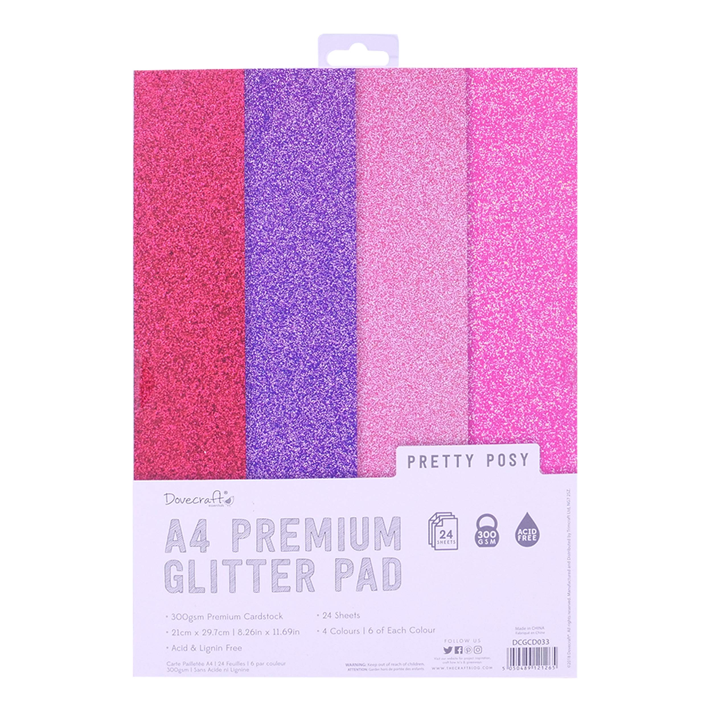 Dovecraft DCGCD033 Glitter A4 Pad-Perfectly Pink - 24 Sheets - Non-shed - 300 GSM - 4 Shades of Pink and Purple-for Scrapbooking, Card Making, Home Décor, Party Crafts, Multi-Colour, One Size, 10 pack