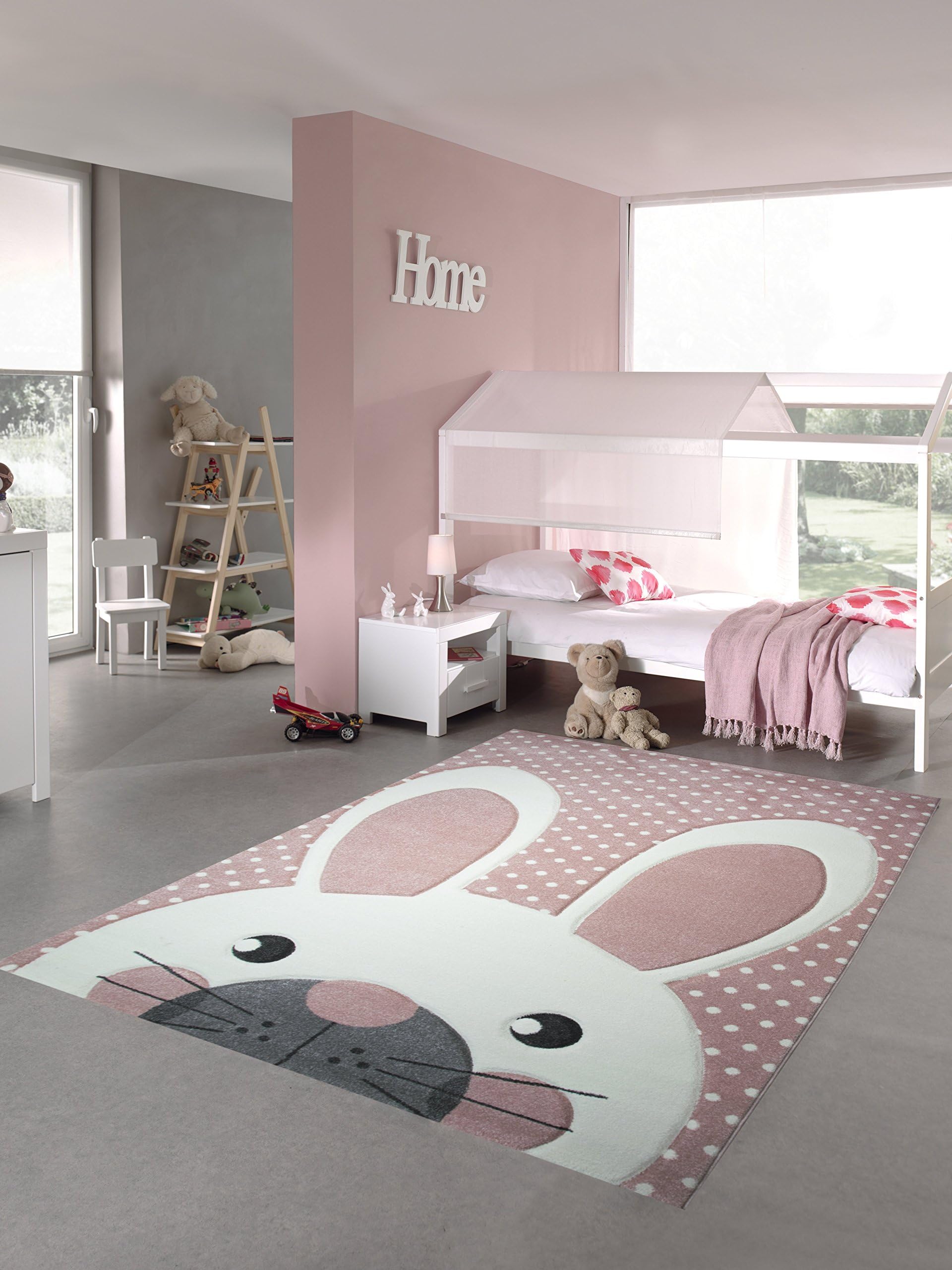 Kids rug children's carpet game carpet bunny pink grey rose size 120 cm Rund