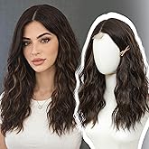 BUPPLER Wig 18 Inch Medium Length Wigs for Women Middle Part Synthetic Hair Wavy Wig with Upgraded Strands,Natural Hair Wigs for Daily Party/Halloween Use 18Inch,Dark Brown Highlight