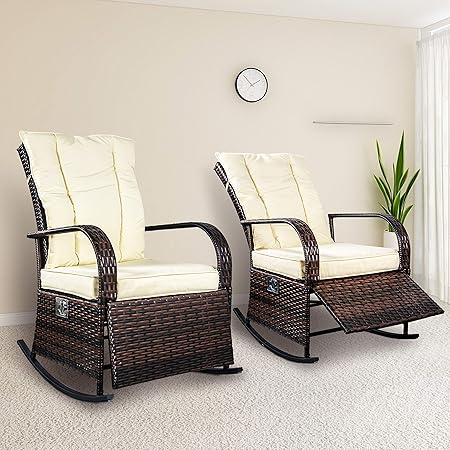 Amazon Com Scyl Color Your Life Set Of 2 Indoor Outdoor Pe Wicker Rocking Chair Porch Garden Lawn Deck Auto Adjustable Rattan Reclining Chiar Patio Furniture W Water Proof Cushion Garden