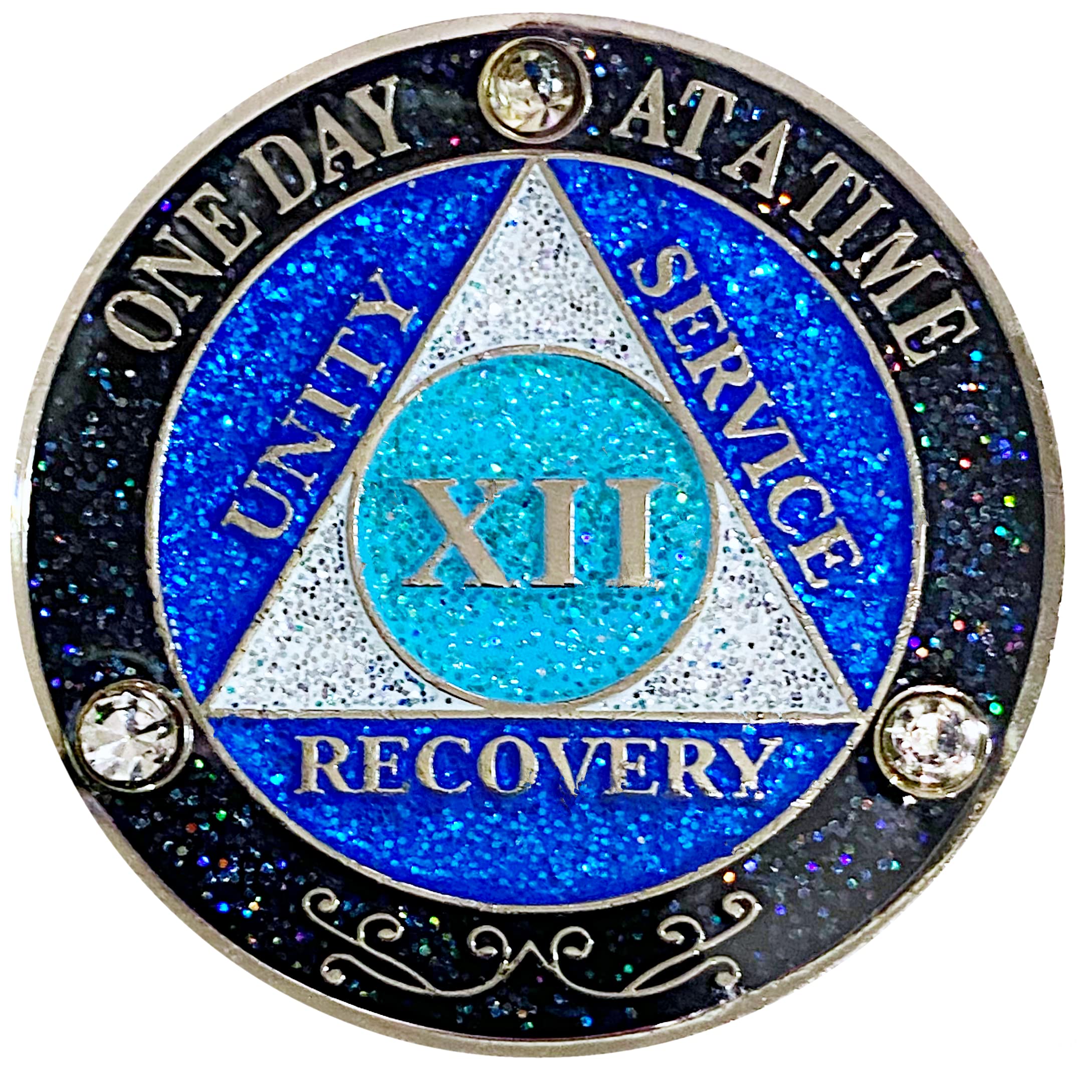 Photo 1 of (Years 1-50) AA 12 Year Crystals & Glitter Medallion, Silver Color Plated, Black Rainbow, Blue Glitter and Three Clear Crystals, Epoxy Covered (AA 12 Year Crystals & Glitter Medallion)