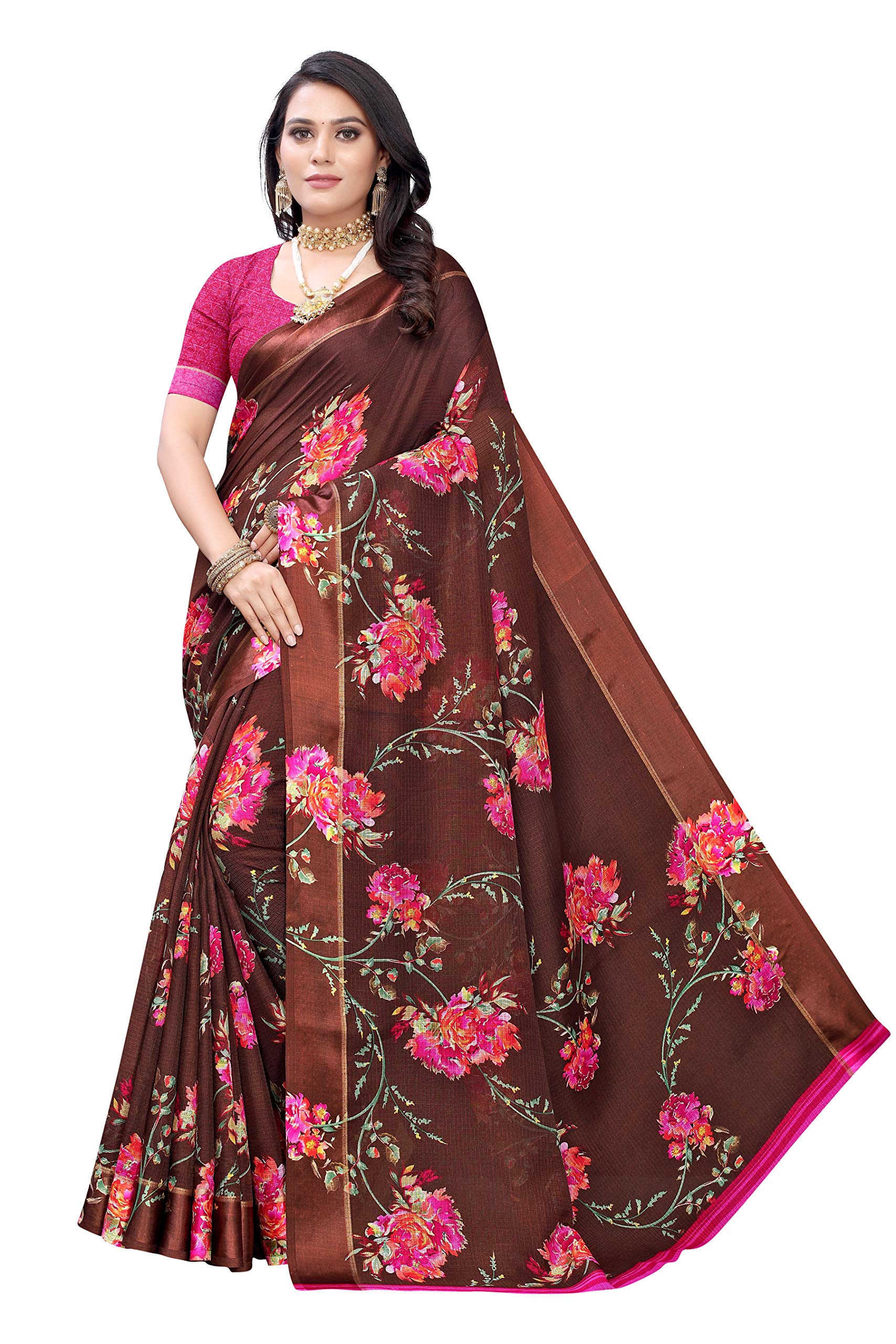 GoSriKi Women's Linen Saree (CL625_HS_Dark Brown)