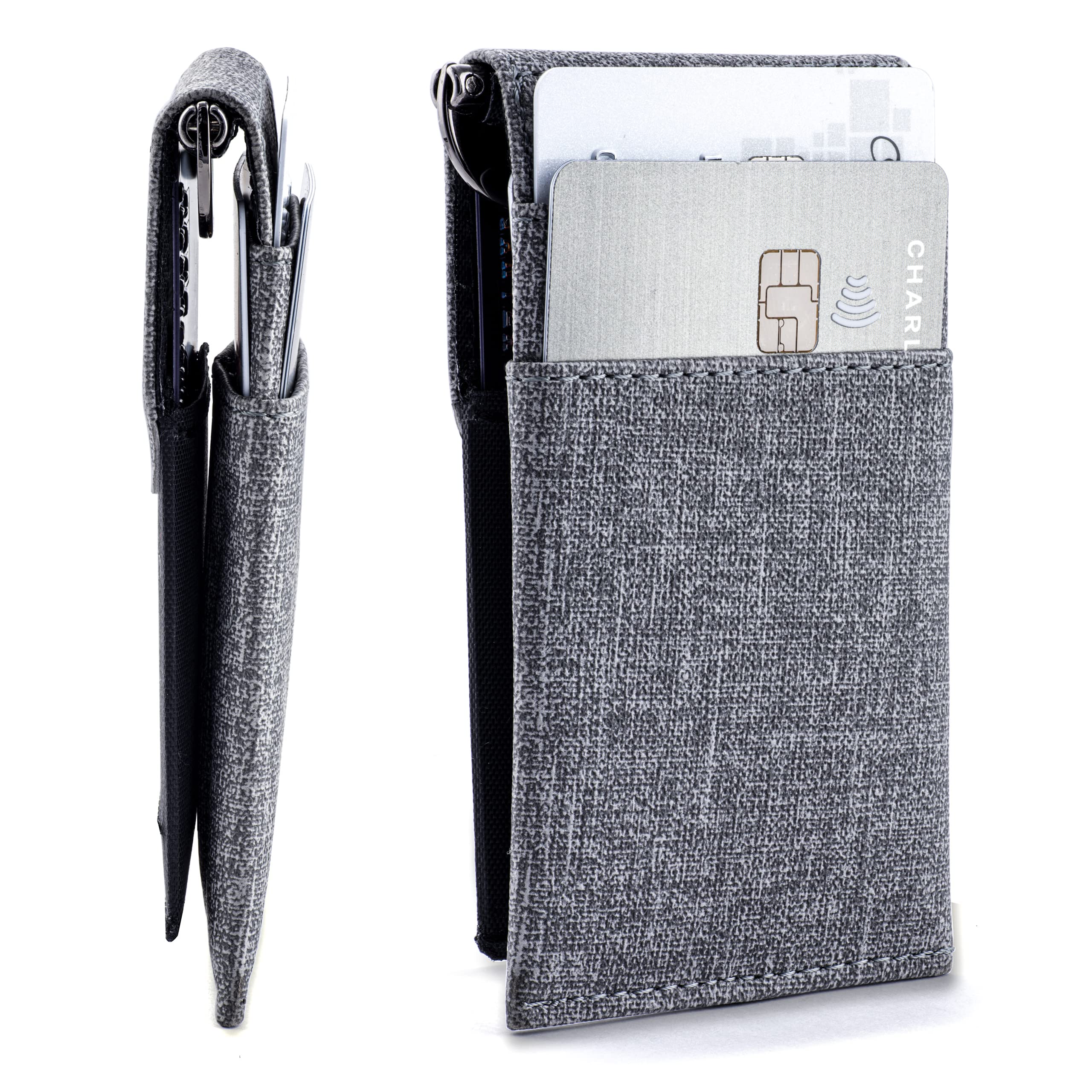 Dockem The Latcher Minimalist Wallet Slim and Versatile with Optional Card Case Companion (Grey Luxe Canvas Style Synthetic Leather) (Grey Luxe)