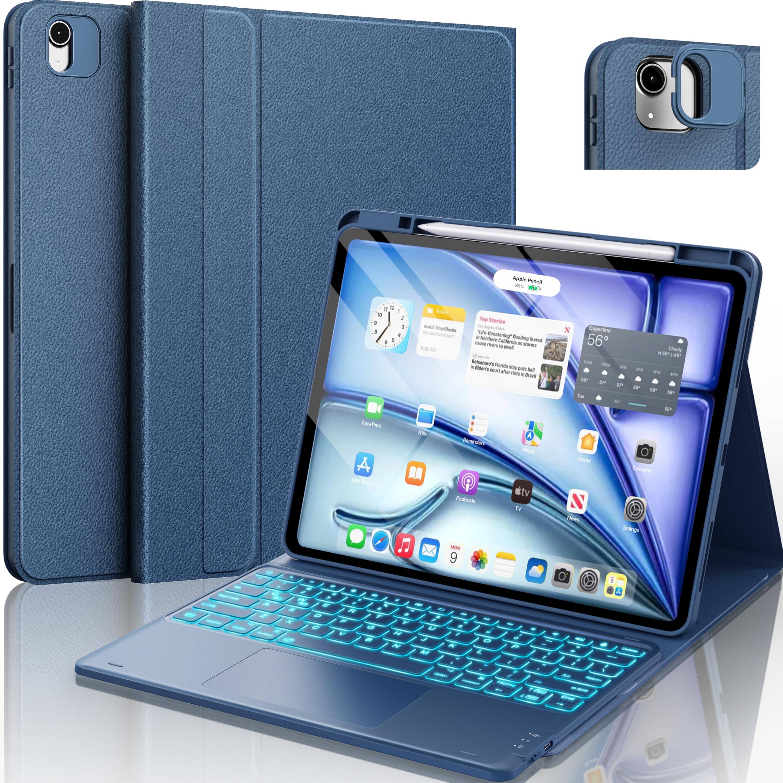 Photo 1 of CHESONA for iPad Air 13 Inch (M4 2026/M3 2025/M2 2024) & Pro 12.9 Inch(6th/5th/4th/3rd) Case with Keyboard - Multi-Touch Trackpad, Stain Proof Case, Detachable Keyboard with 7 Colors Backlit,Navy Blue