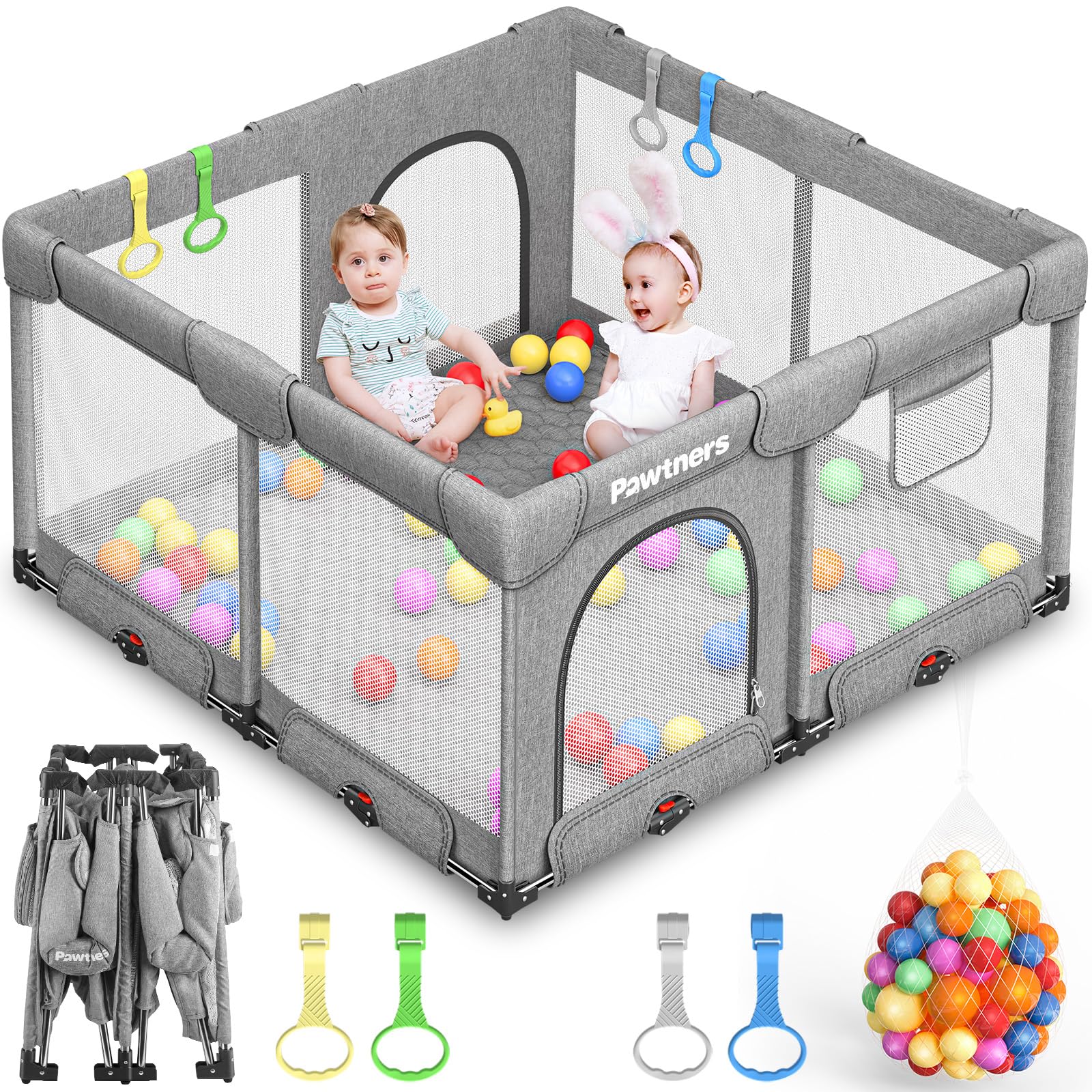 Photo 1 of Foldable Playpen for Babies and Toddlers: 50" L x 50" W x 27" H, Large Kids Play Yard, Portable for Indoor and Outdoor Play Area, Baby Gate With 50PCS Ocean Ball, 4 Handles