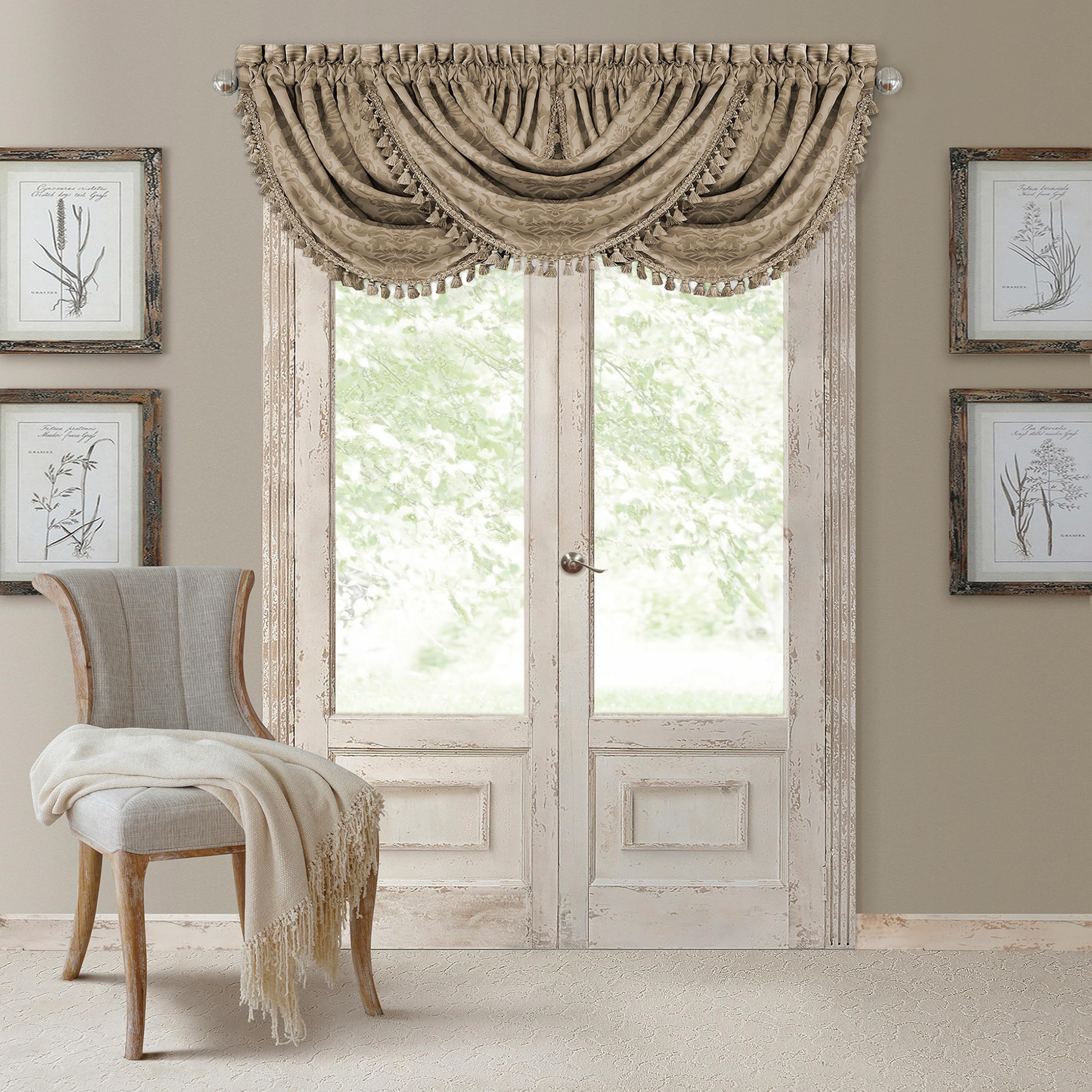 Elrene Home Fashions Antonia Floral Damask Waterfall Window Valance with Tassels, 52"x36", Taupe — image 1