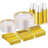 WELLIFE 300 PCS Clear Gold Dinnerware Set for 50 Guests, Clear and Gold Plastic Plates for Party, 50 Dinner Plates, 50 Salad Plates, 50 Cups Forks Knives Spoons for Wedding and Party Supplies