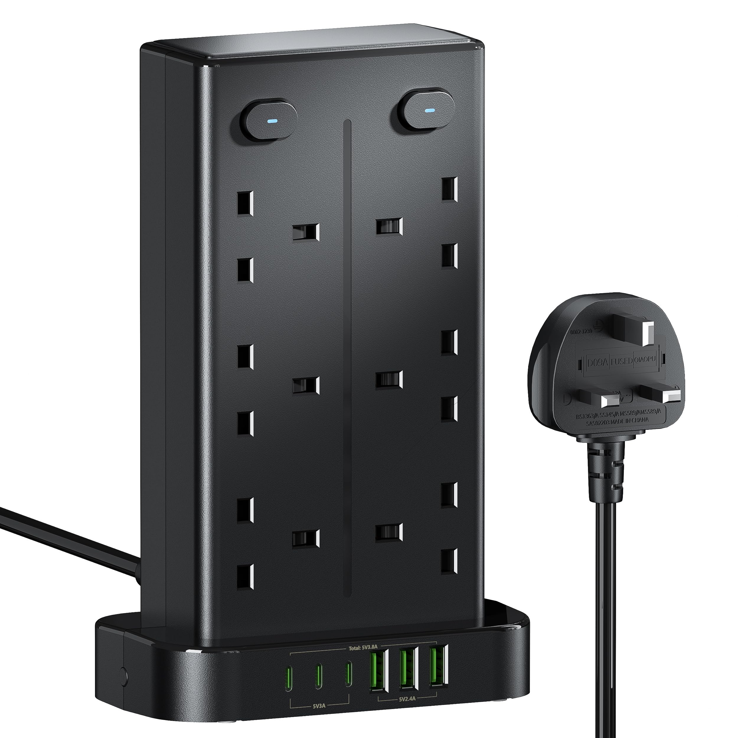 Tower Extension Lead with USB C Slots, 12 Way Multi Plug Socket Extension with 6 USB Ports, Overload Protected Extension Lead with 4 Switch Tower Extension Cable 1.8m for Home Kitchen Office
